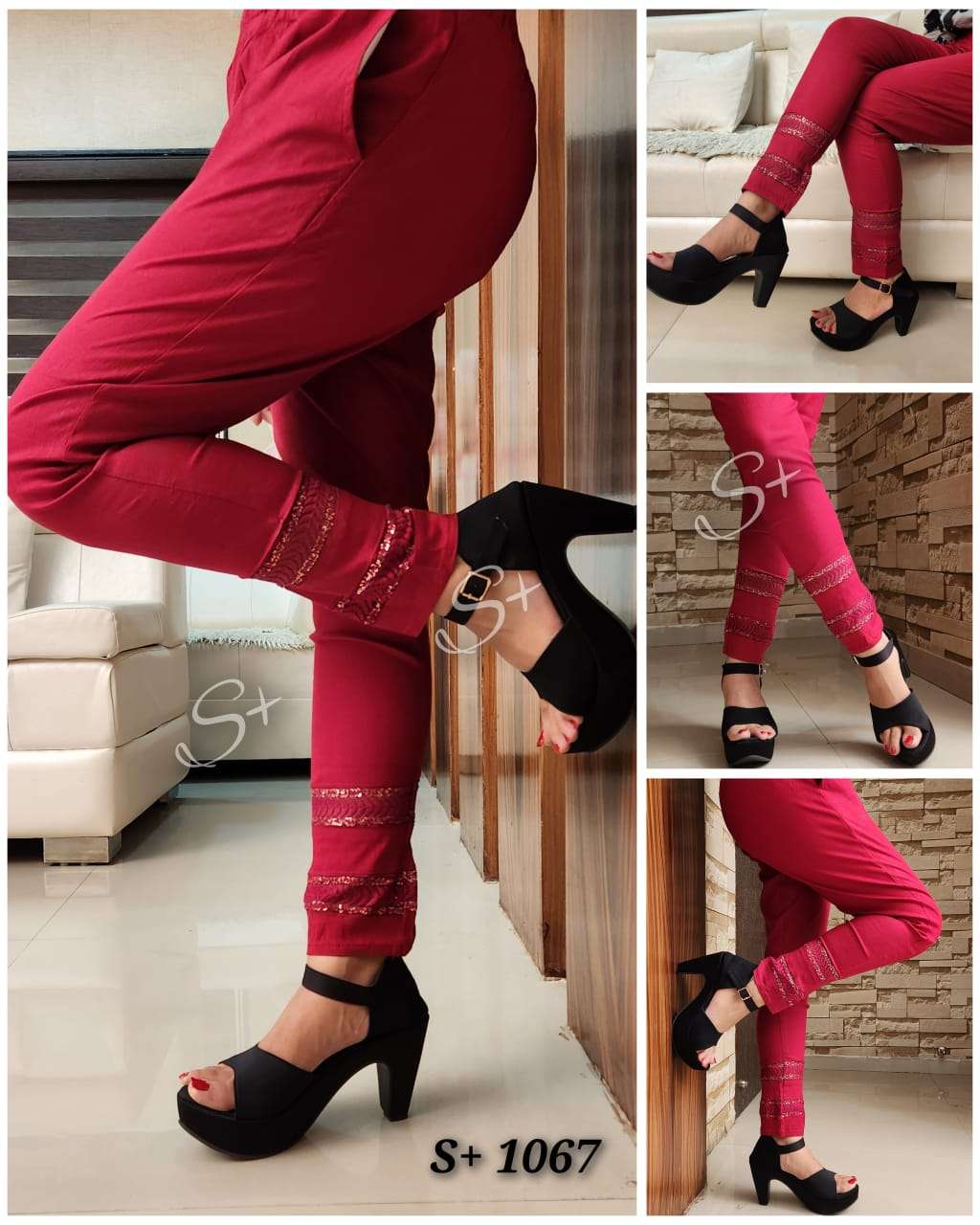 S+1067  FANCY & DESIGNER COTTON LYCRA STRETCHABLE PANT WITH SEQUENCE WORK EMBROIDERY & POCKETS